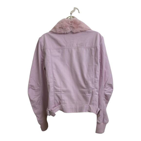 Y2K Bebe Pink Cotton Jacket Rabbit Fur Collar Size Large Very Barbie - Picture 2 of 6